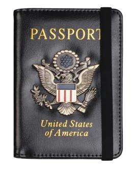 Eagle Print Card Cash Passport Holder PU Leather Wallets Change Purse with Elastic Cord for Women Men In Black Color