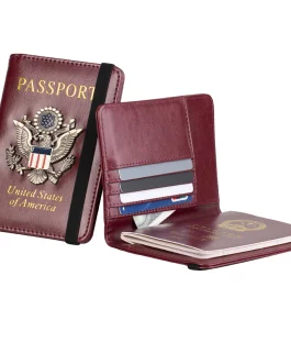 Eagle Print Card Cash Passport Holder PU Leather Wallets Change Purse with Elastic Cord for Women Men In Red Color