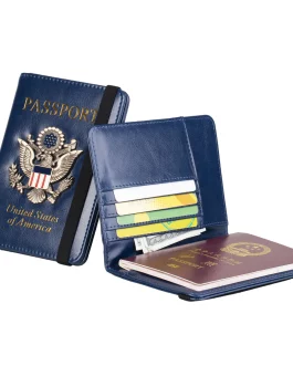 Eagle Print Card Cash Passport Holder PU Leather Wallets Change Purse with Elastic Cord for Women Men In Blue Color